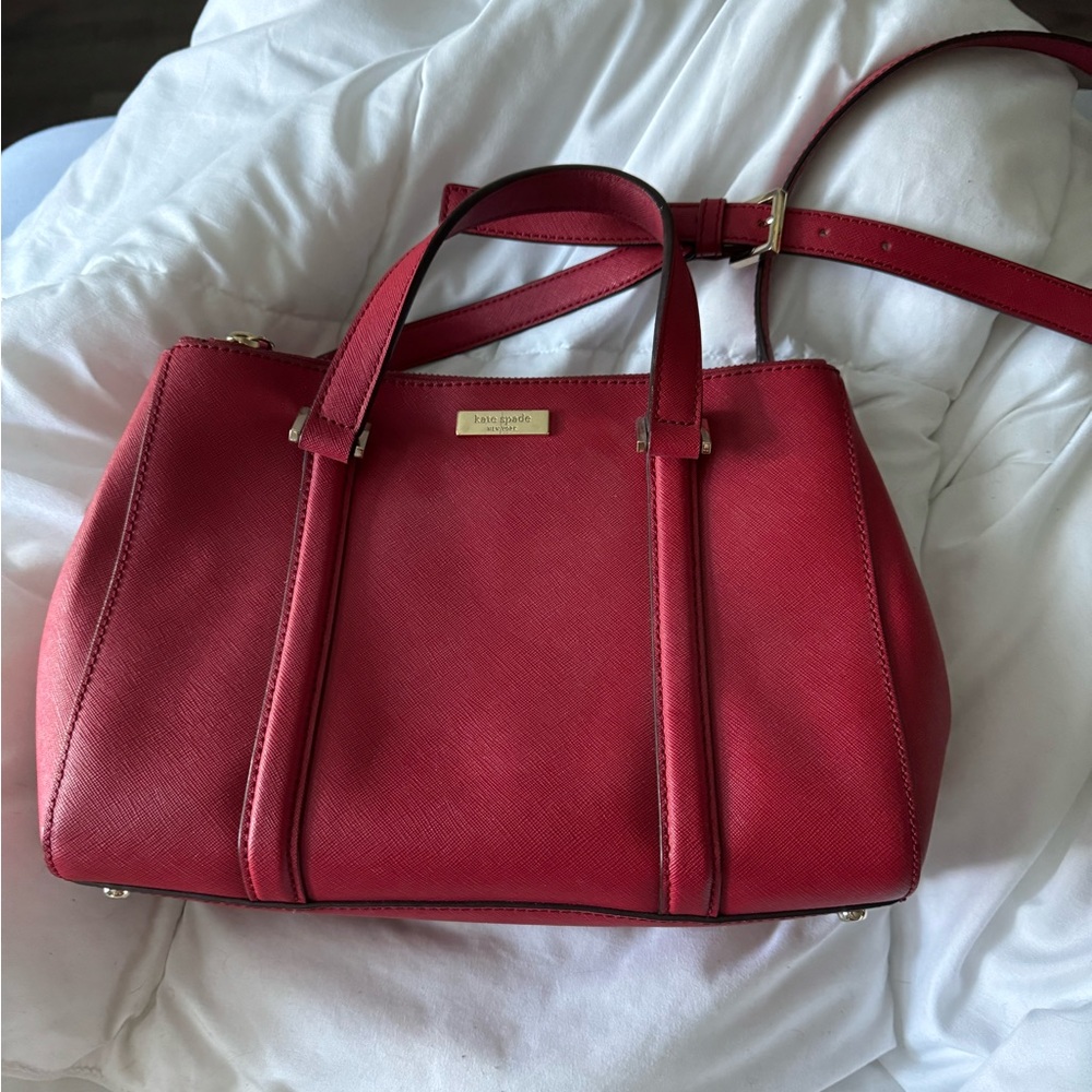 Vintage Red Leather Kate Spade Medium Satchel with removable shoulder strap.
